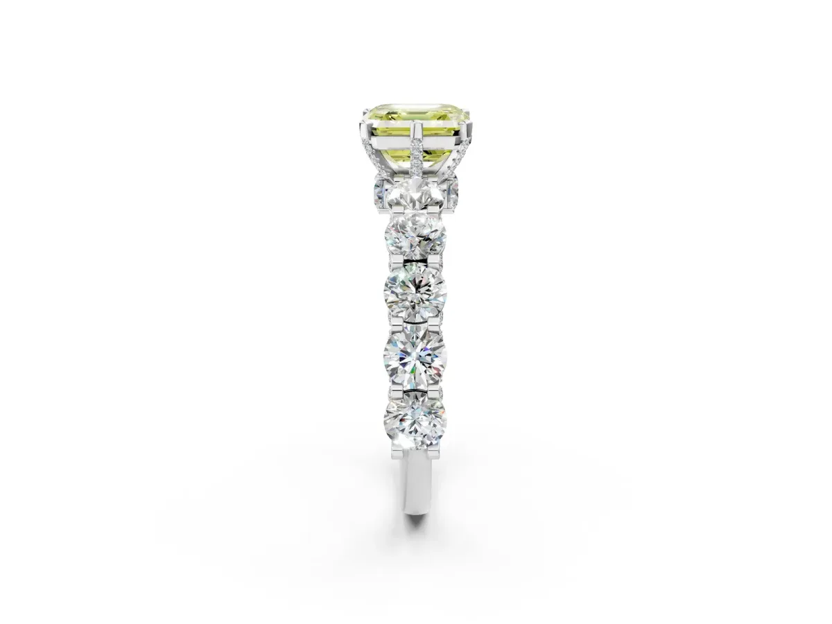 Fancy Yellow Asscher Cut Diamond Side Stone Engagement Ring with Four-Prong Setting Silver