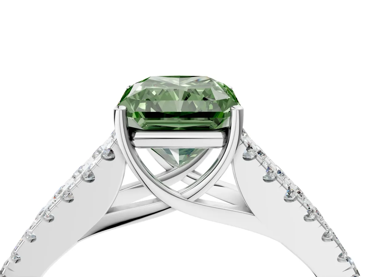Fancy Green Radiant Cut Diamond Split Shank Engagement Ring with Round Pavé and Prong Setting Platinum