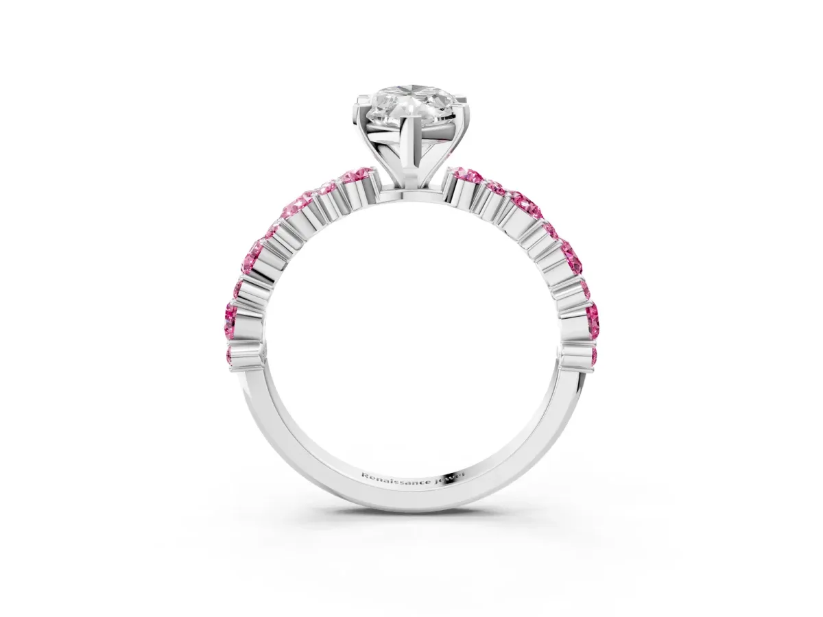 Marquise Cut Diamond Side Stone Solitaire Ring with Round Pink Sapphire and Four-Prong Setting Silver