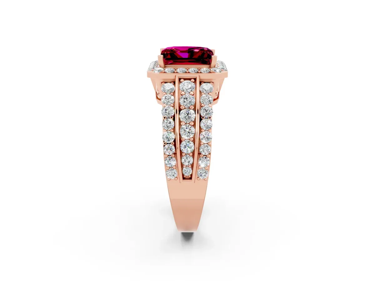 Princess Cut Halo Garnet Ring with Round Split Shank and Prong Setting Rose gold