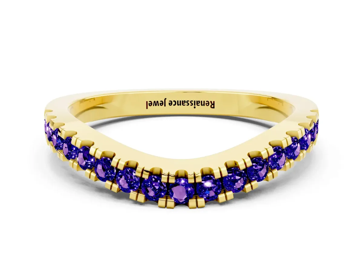 Round Tanzanite Pavé Curved Band with Shared Prong Setting Yellow gold
