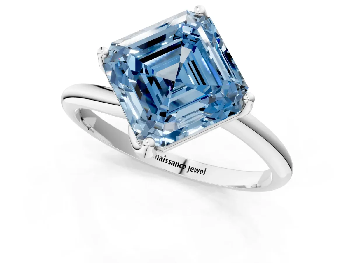 Fancy Blue Asscher Cut Diamond Solitaire Engagement Ring with Four-Prong Setting and Classic Band Platinum