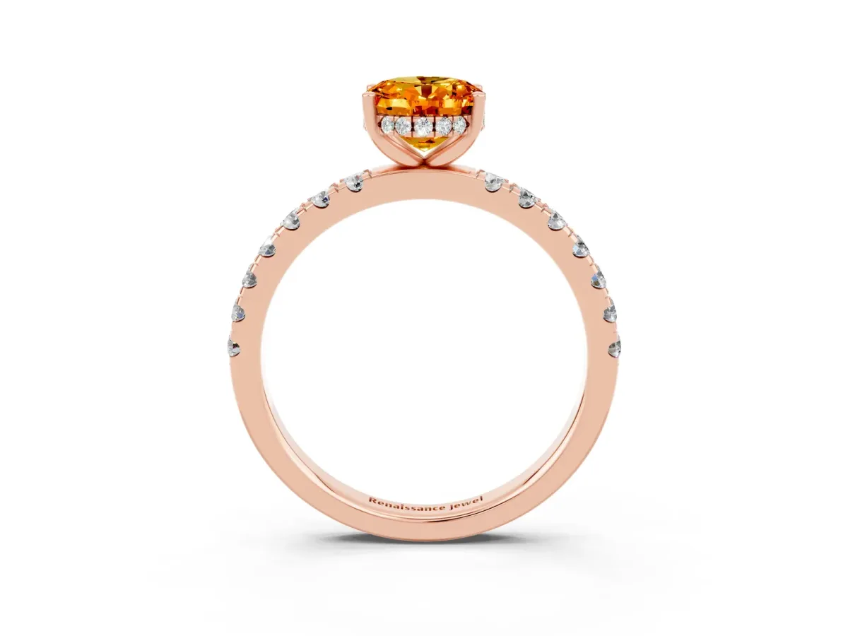 Oval Cut Citrine Pave Band Solitaire Ring with Round and Prong Setting Rose gold
