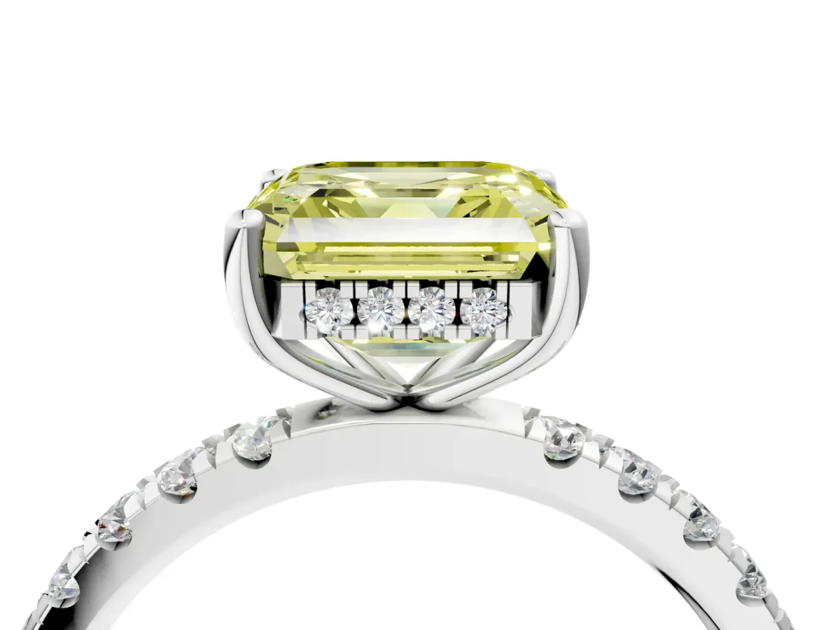 Fancy Yellow Asscher Cut Diamond Pave Band Solitaire Ring with Round and Prong Setting Platinum
