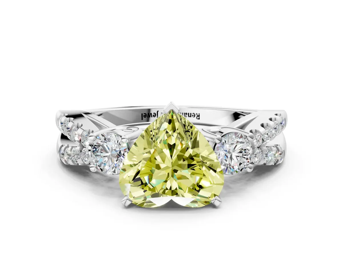 Fancy Yellow Heart Cut Diamond Three-Stone Ring with Pavé Split Shank and Four-Prong Setting White gold