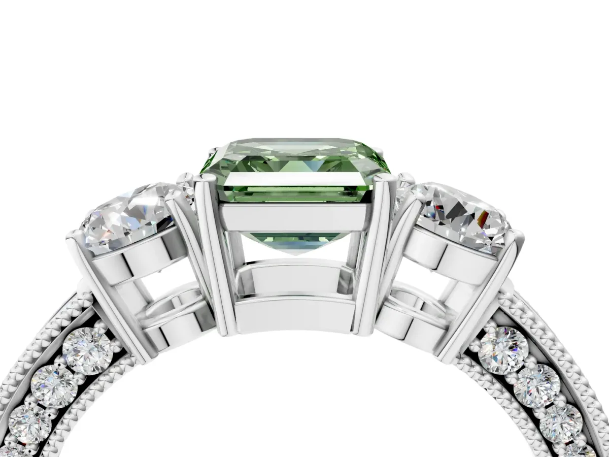 Fancy Green Asscher Cut Three-Stone Diamond Ring with Pavé Band and Four-Prong Setting Platinum