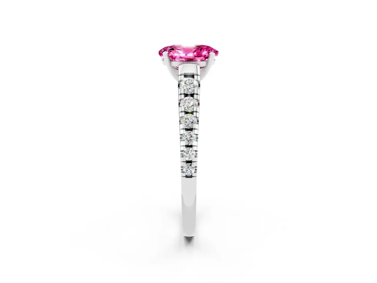 Oval Cut Pink Sapphire Cathedral Solitaire Ring with Round Pavé Band Silver