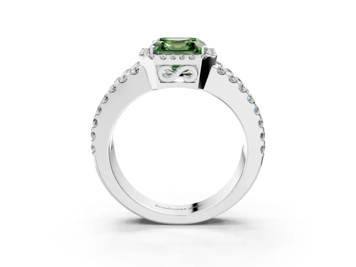 Fancy Green Asscher Cut Cut Halo Split Shank Diamond Ring with Four-Prong Setting Platinum