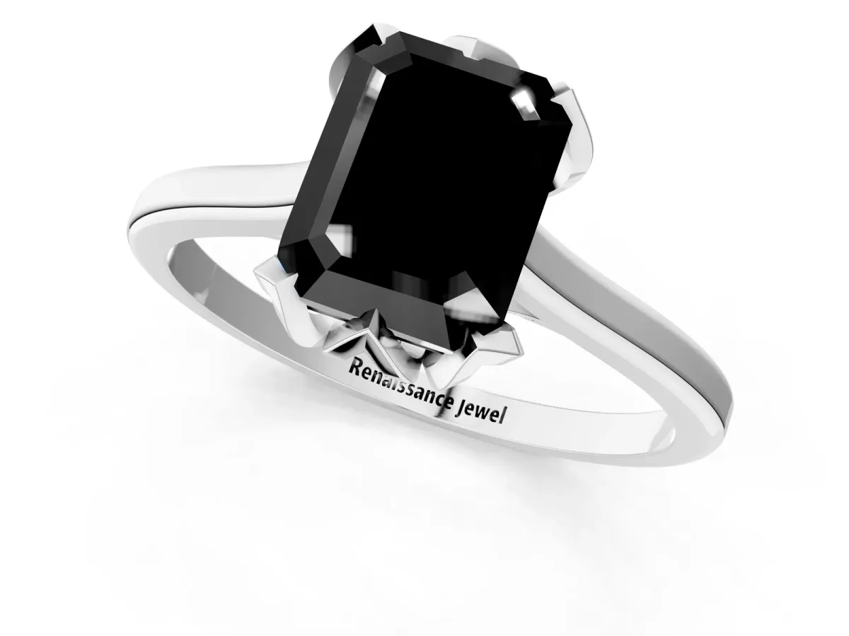Fancy Black Emerald Cut Diamond Solitaire Ring with Flower Prong Setting and Classic Band White gold