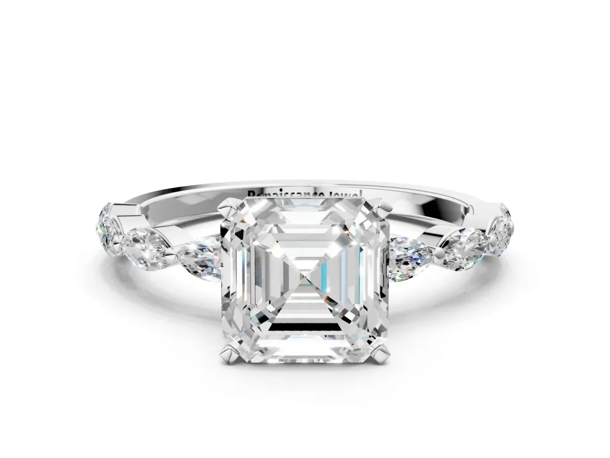 Asscher Cut Diamond Ring with Marquise Side Stones and Prong Setting Platinum