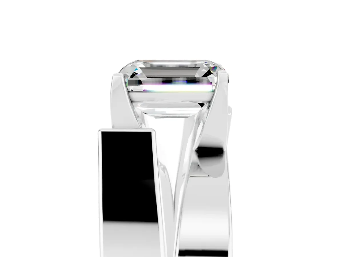Modern Tension Set Emerald Cut Moissanite Solitaire Wide Band Ring Silver