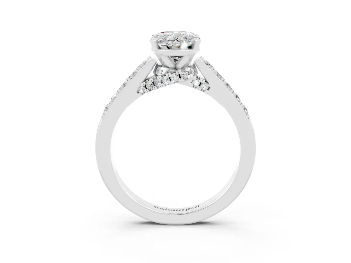 Oval Cut Moissanite Solitaire Ring with Crossover Gallery and Round Pavé Band Silver