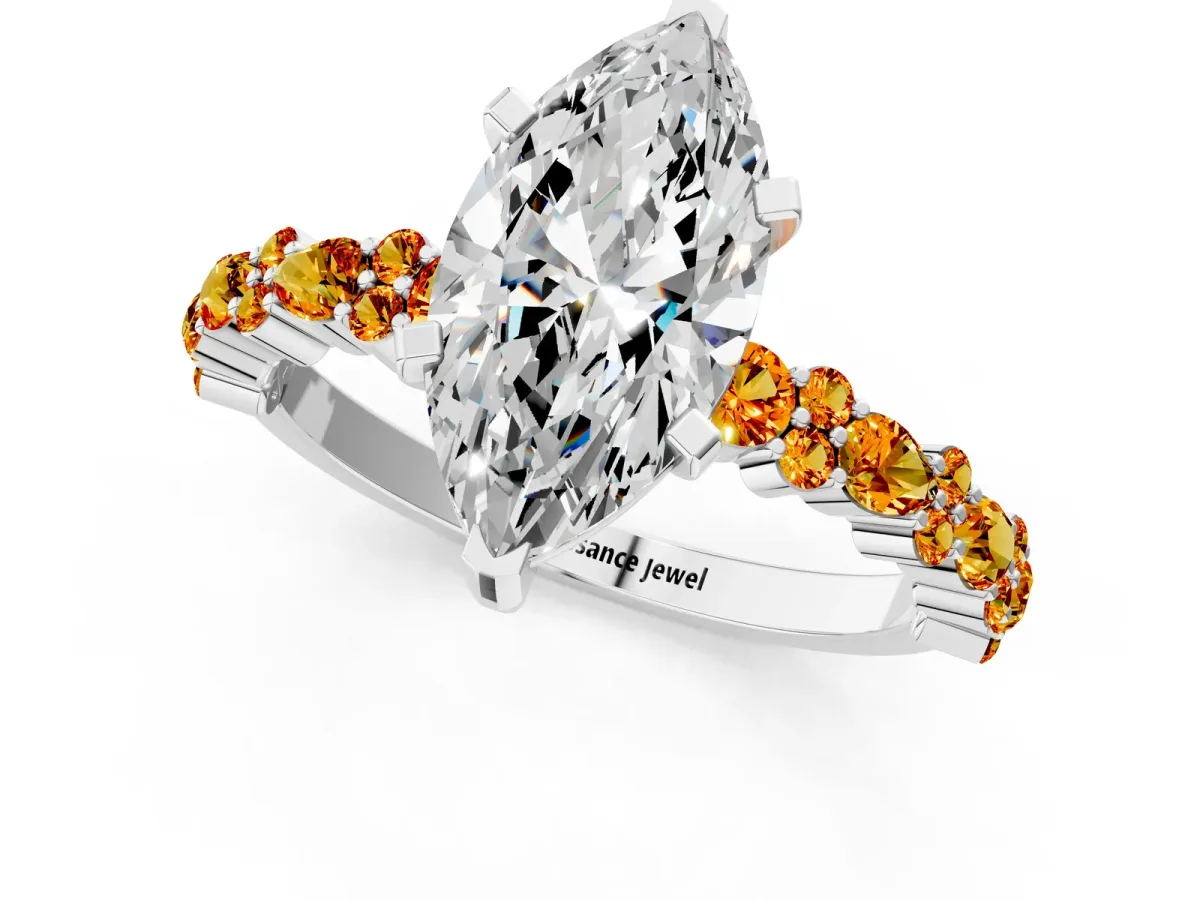Marquise Cut Diamond Side Stone Solitaire Ring with Round Citrine and Four-Prong Setting White gold