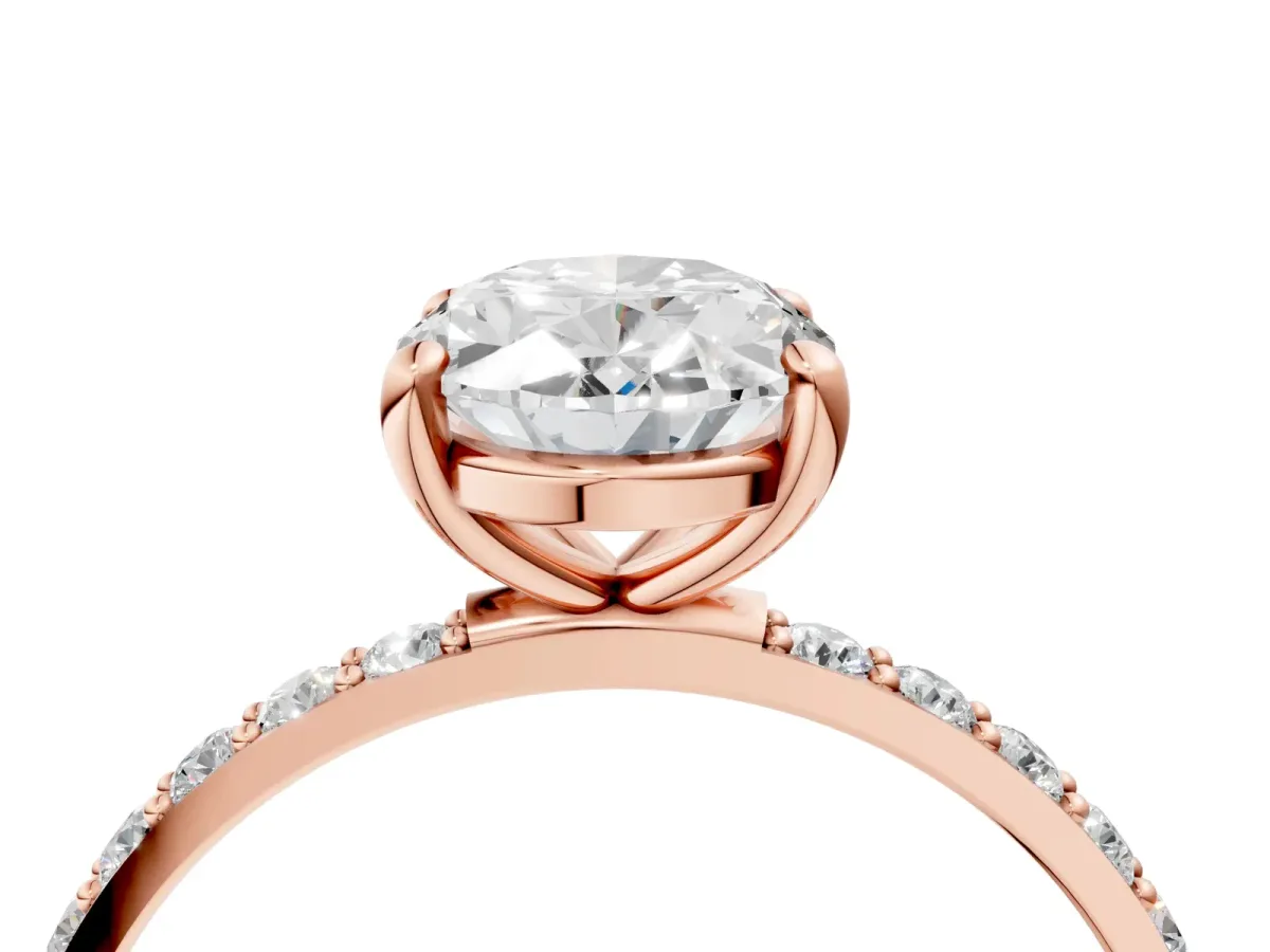 Oval Cut Diamond Solitaire Ring with Round Pavé Band and Prong Setting Rose gold
