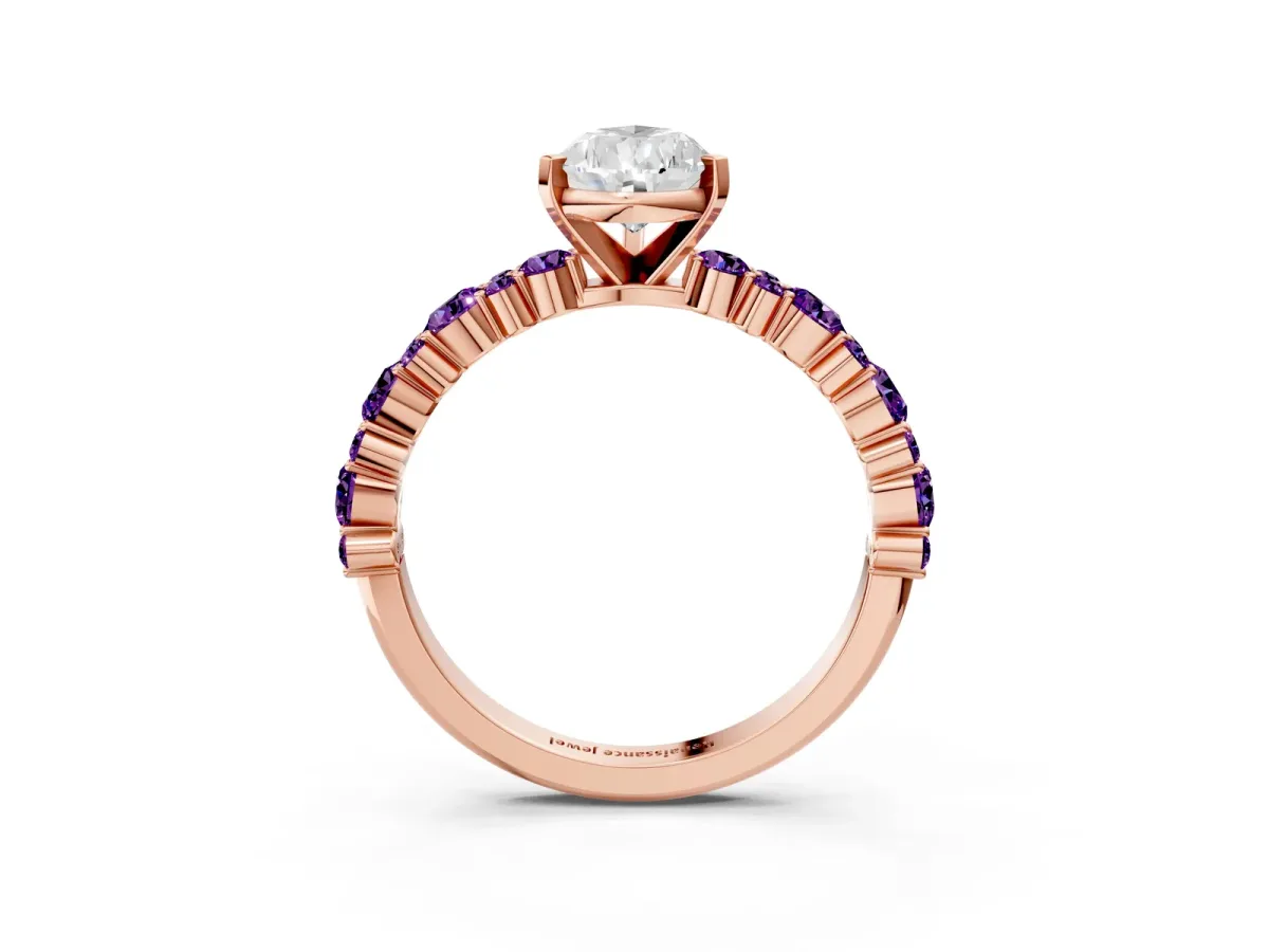 Pear Cut Diamond Side Stone Solitaire Ring with Round Amethyst and Four-Prong Setting Rose gold