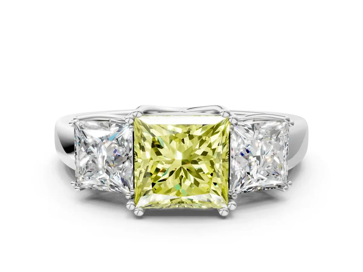 Fancy Yellow Three-Stone Princess Cut Cut Diamond Ring with Channel Set Band and Four-Prong Setting Silver