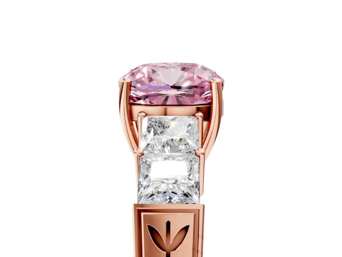 Fancy Pink Cushion Cut Solitaire Princess Side Stone Engraved Band Prong Setting Ring Rose gold
