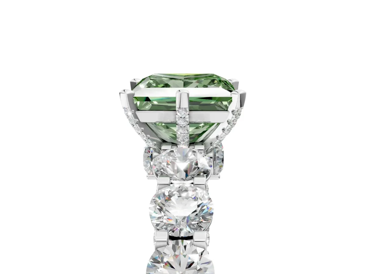 Fancy Green Princess Cut Diamond Side Stone Engagement Ring with Four-Prong Setting White gold
