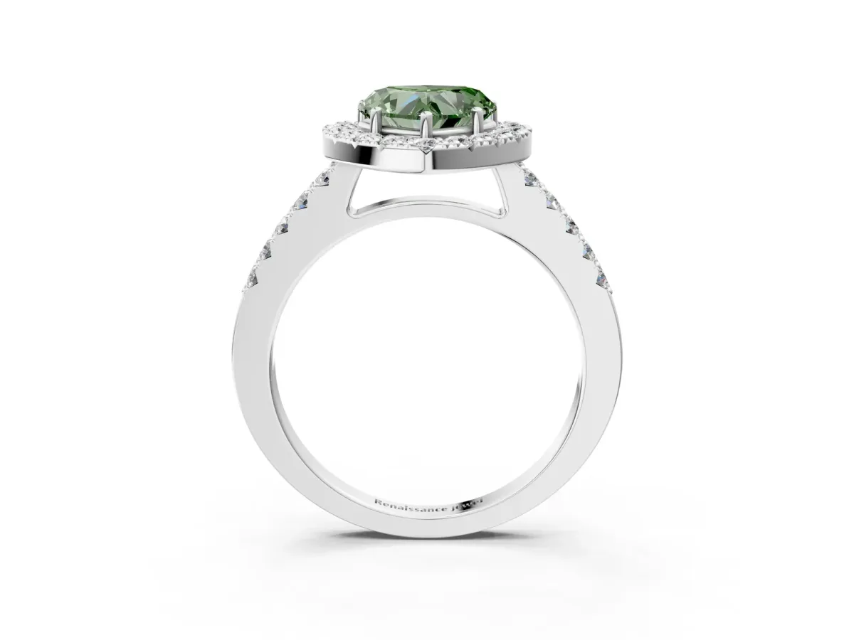 Fancy Green Heart Cut Halo Diamond Pavé Solitaire Ring Platinum