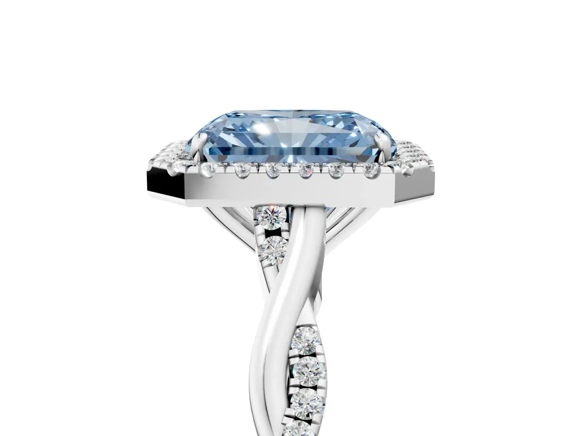Fancy Blue Radiant Cut Halo Twist Band Solitaire Ring Platinum