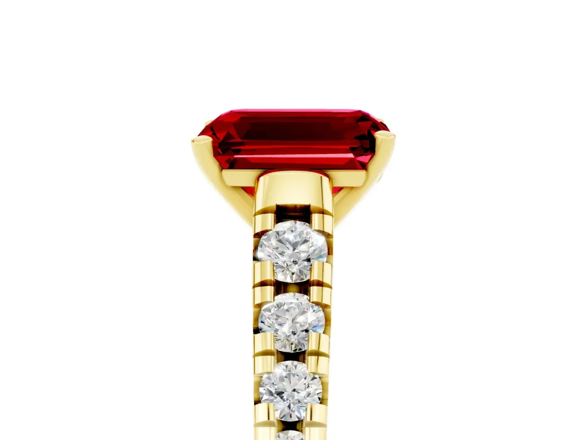 Emerald Cut Ruby Cathedral Solitaire Ring with Round Pavé Band Yellow gold