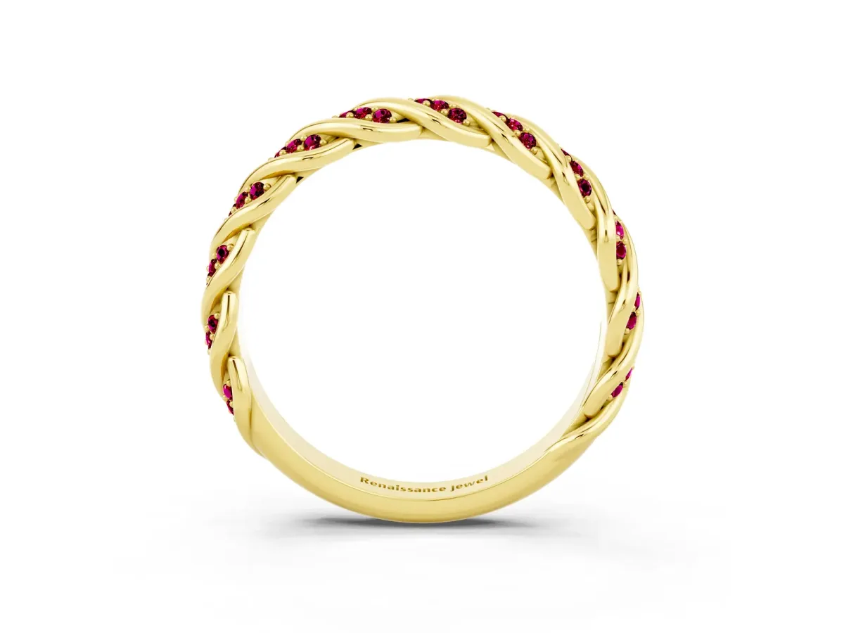 Twisted Pavé Round Garnet Eternity Band with Shared Prong Setting Yellow gold