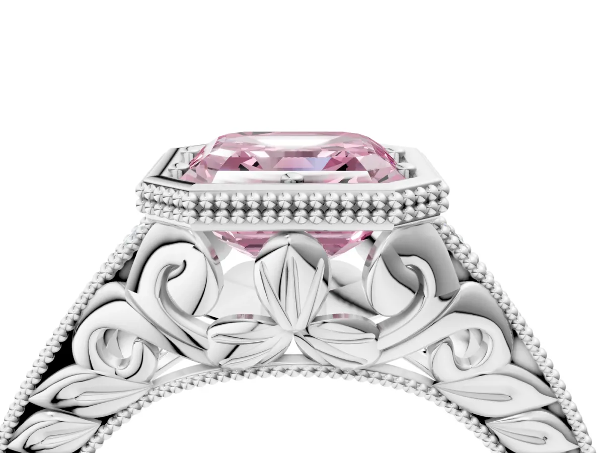Fancy Pink Bezel Set Asscher Cut Diamond Milgrain Pave Engagement Ring Platinum