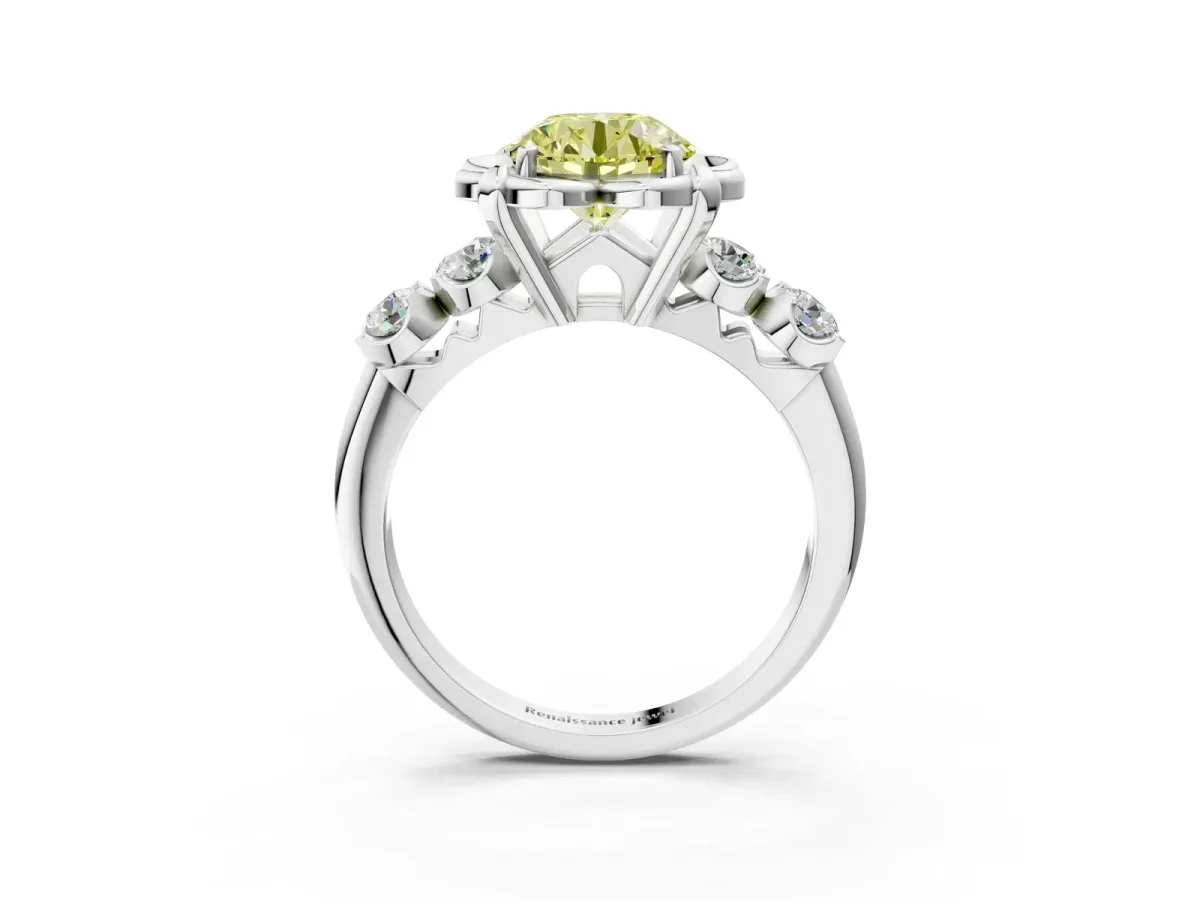 Fancy Yellow Round Cut Cut Diamond Floral Halo Engagement Ring with Shared Prong Setting Silver
