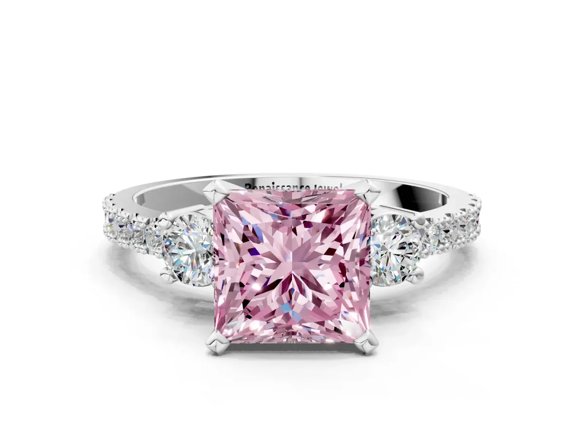 Fancy Pink Princess Cut Cut Three-Stone Diamond Pavé Band with Prong Setting Platinum
