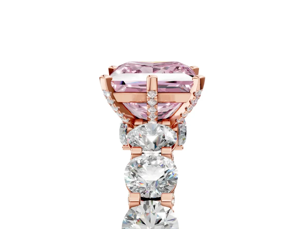 Fancy Pink Princess Cut Diamond Side Stone Engagement Ring with Four-Prong Setting Rose gold