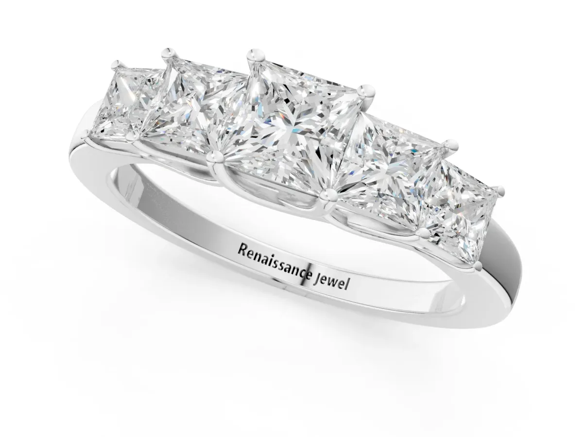Princess Cut Five-Stone Diamond Ring with Classic Prong Setting Platinum