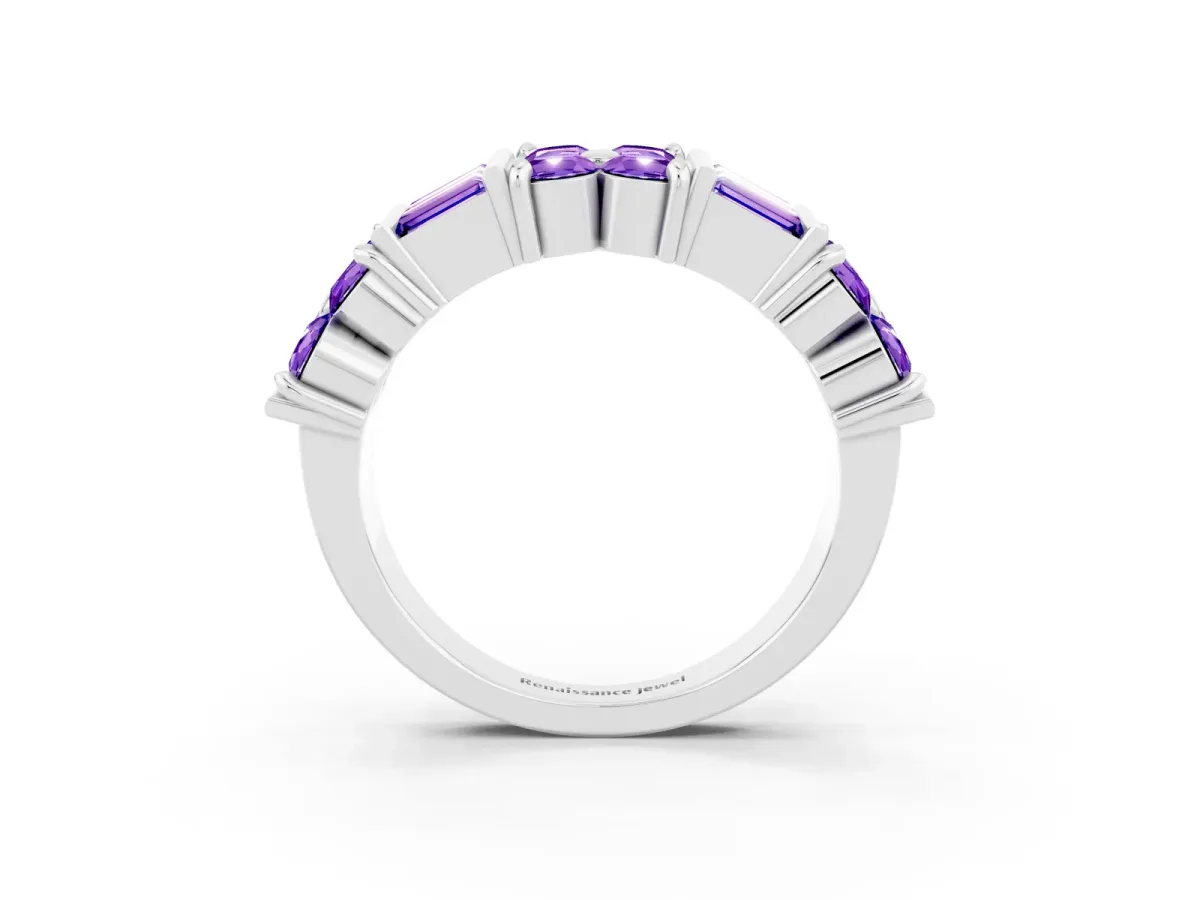 Channel Set Round and Baguette Tanzanite Anniversary Band with Prong Setting Silver