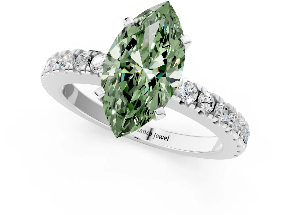 Fancy Green Marquise Cut Solitaire Diamond with Pavé Band and Four-Prong Setting Silver