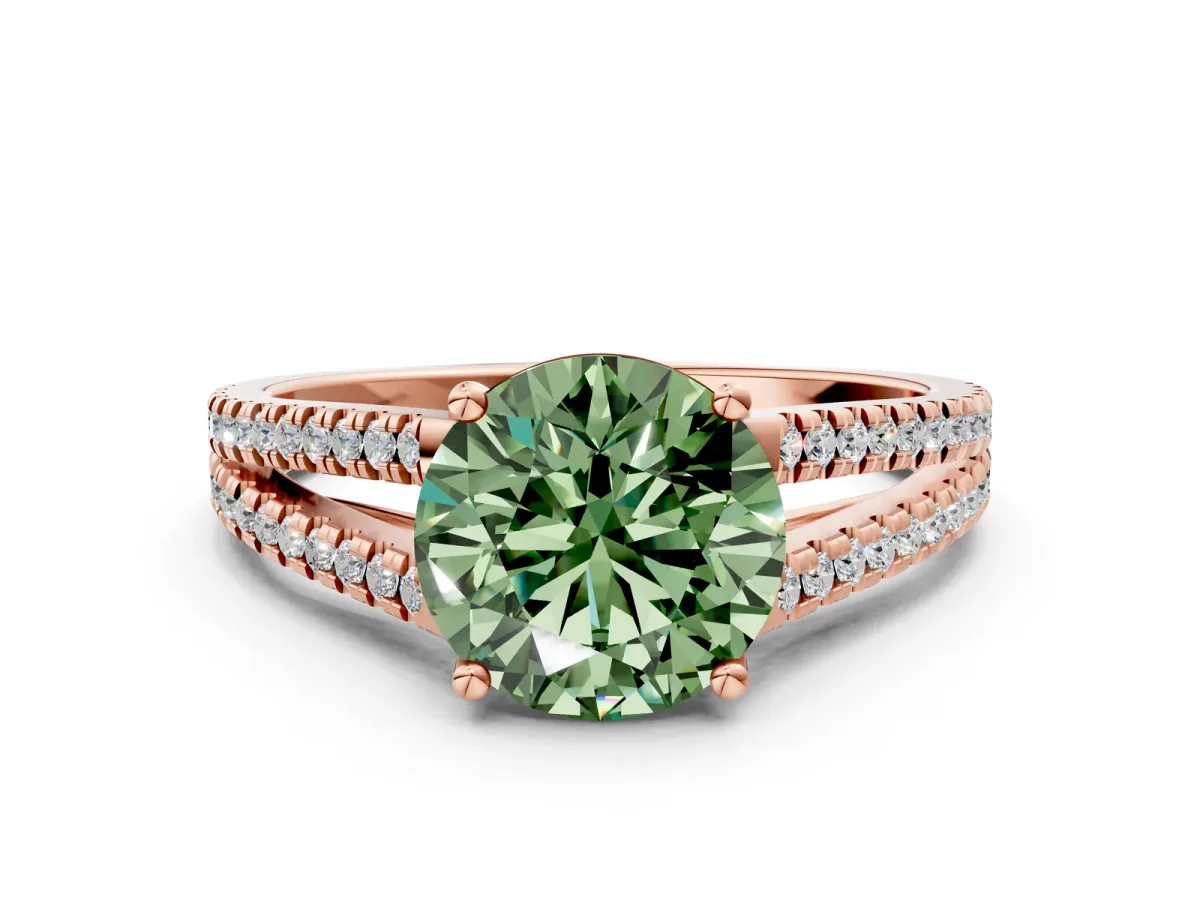 Fancy Green Round Cut Diamond Solitaire Engagement Ring with Split Shank Pavé Band Rose gold