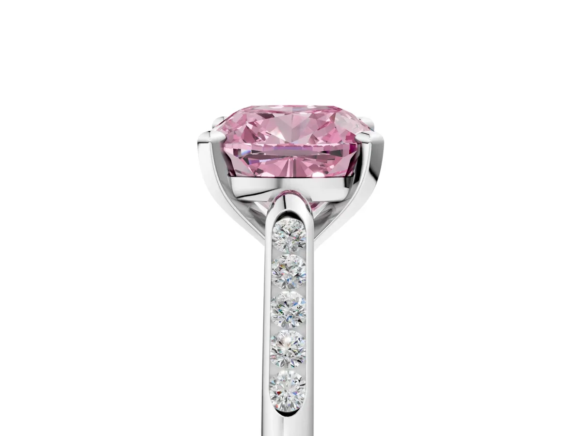 Fancy Pink Cushion Cut Diamond Solitaire Ring with Channel Set Round Band and Prong Setting Silver