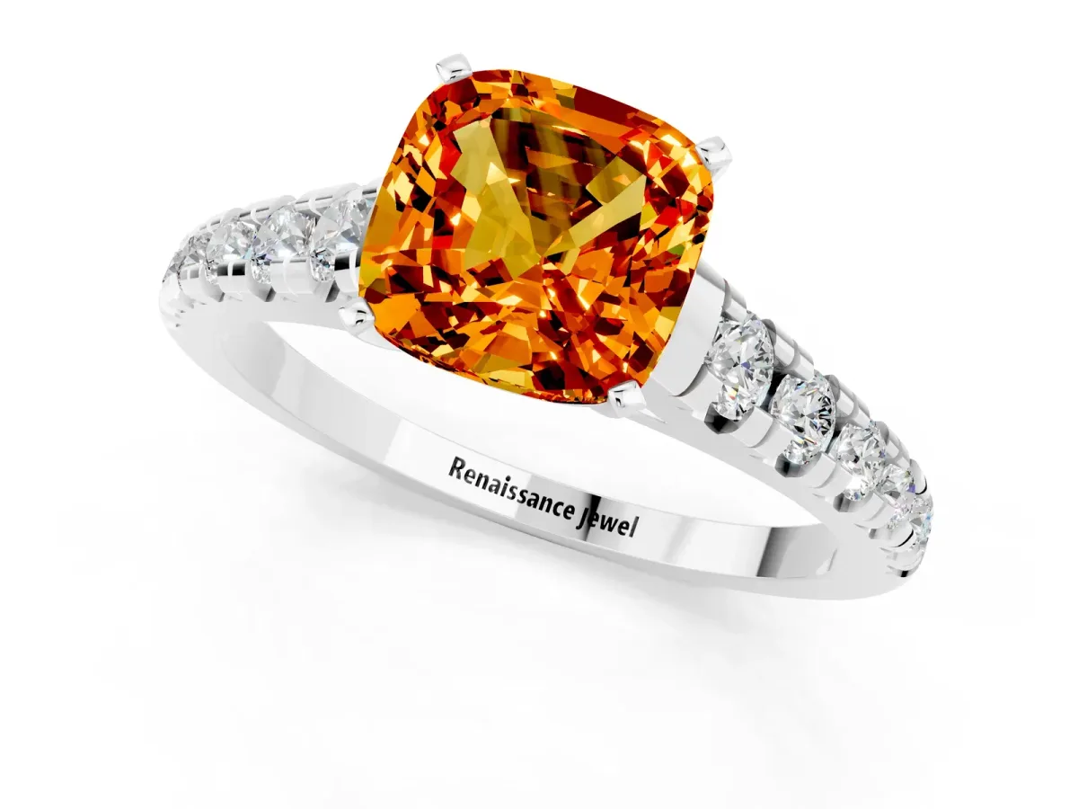 Cushion Cut Citrine Cathedral Solitaire Ring with Round Pavé Band Silver