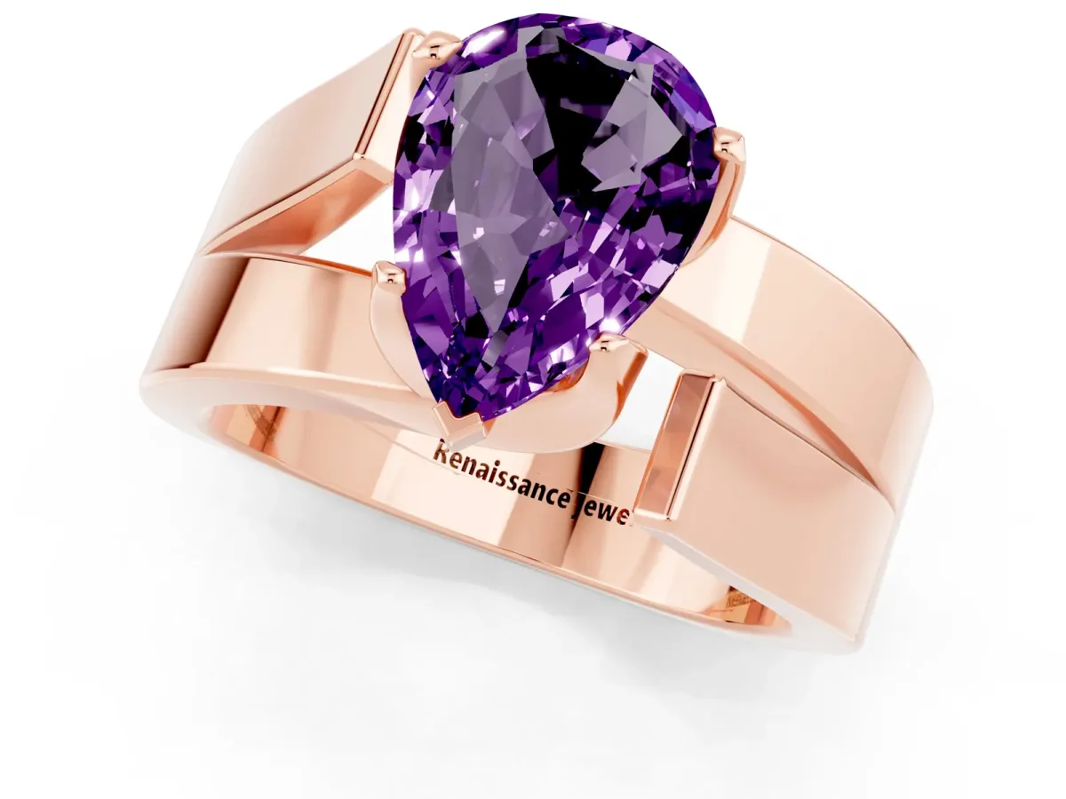 Modern Tension Set Pear Cut Amethyst Solitaire Wide Band Ring Rose gold