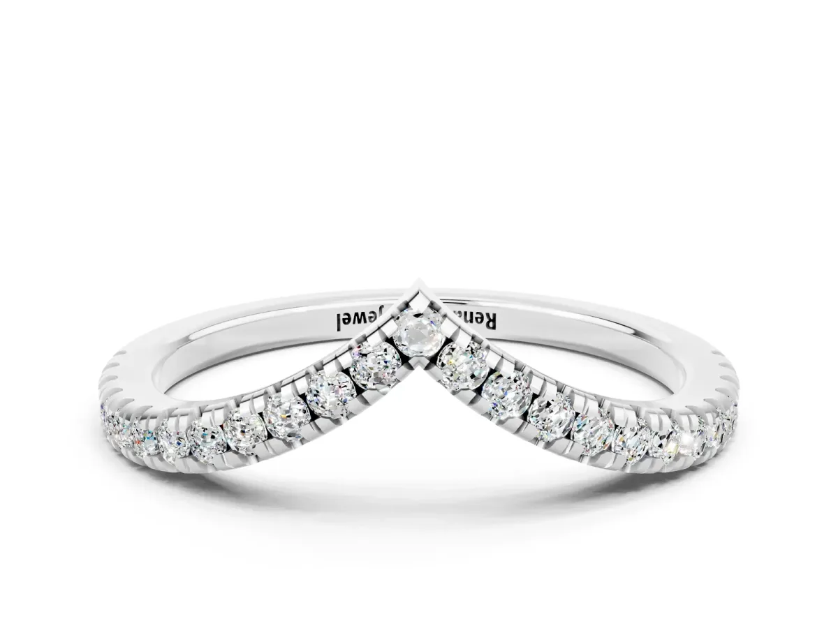 Pavé Round Moissanite V-Shaped Chevron Band with Shared Prong Setting White gold