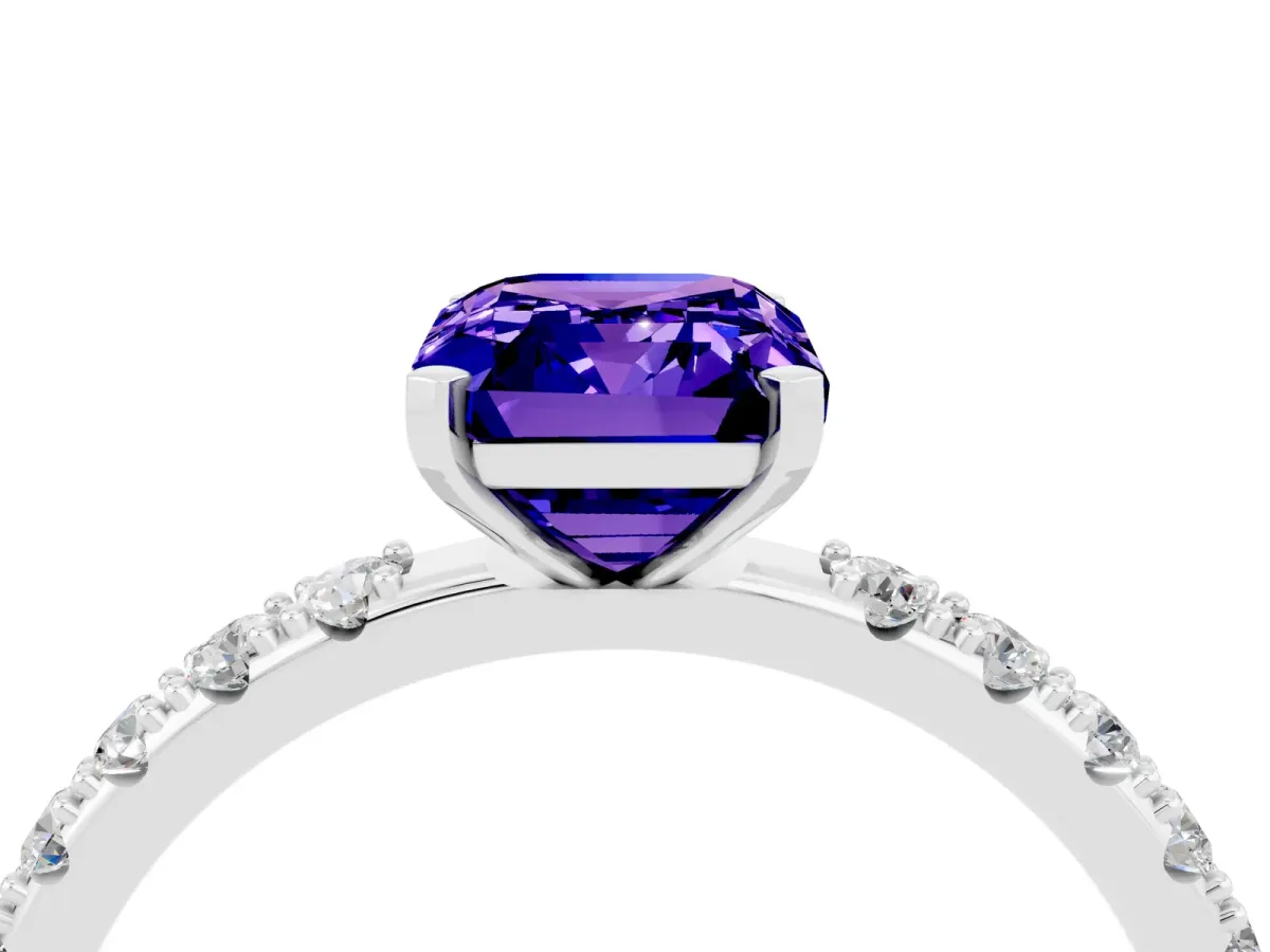 Emerald Cut Tanzanite Solitaire Pavé Band with Four-Prong Setting Platinum