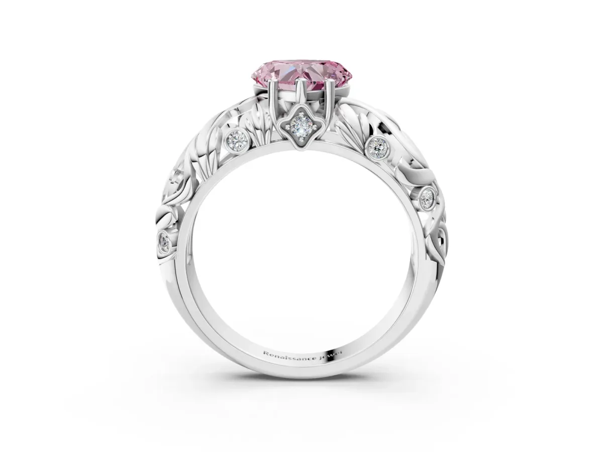 Fancy Pink Heart Cut Solitaire Diamond Leaf-Inspired Vine Band Ring with Prong Setting Platinum
