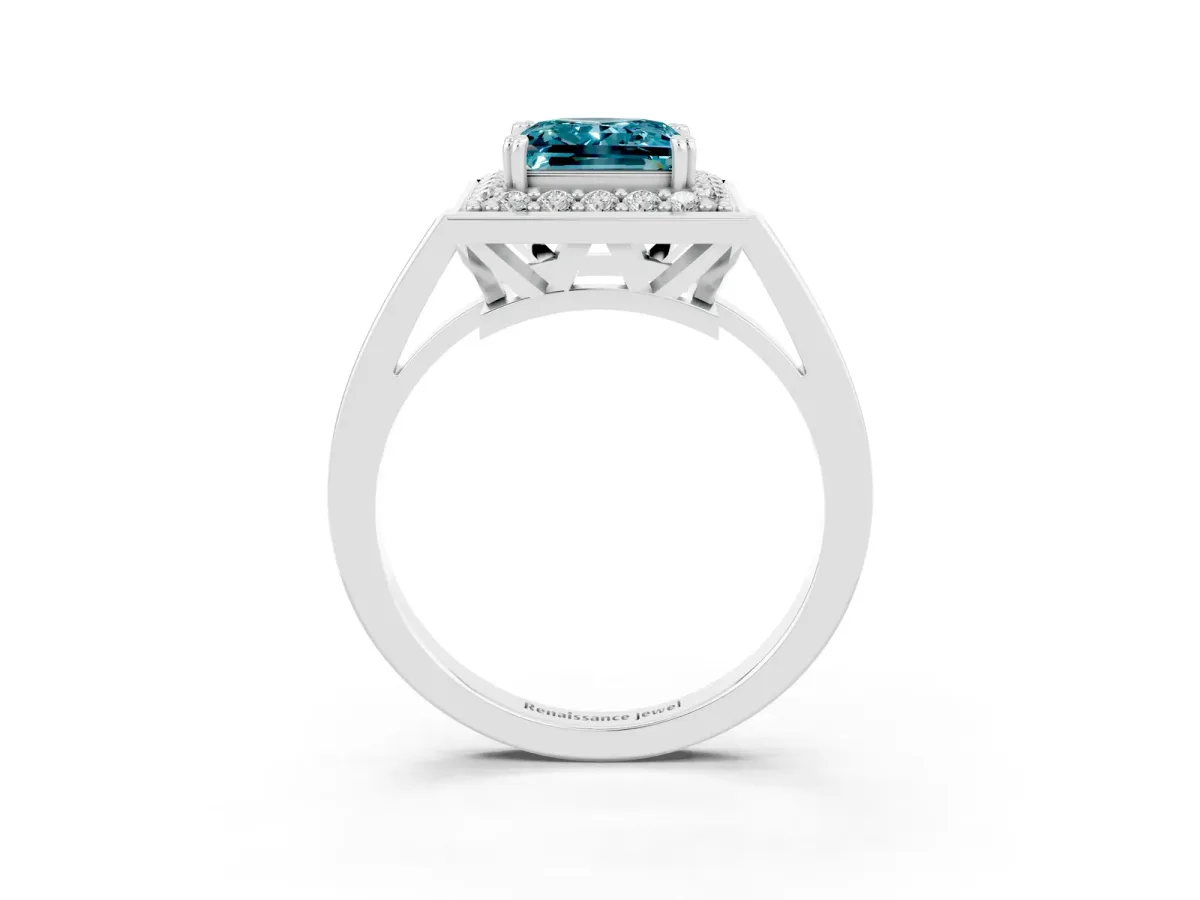 Princess Cut Blue Topaz Halo Ring with Split Shank and Four-Prong Setting Platinum