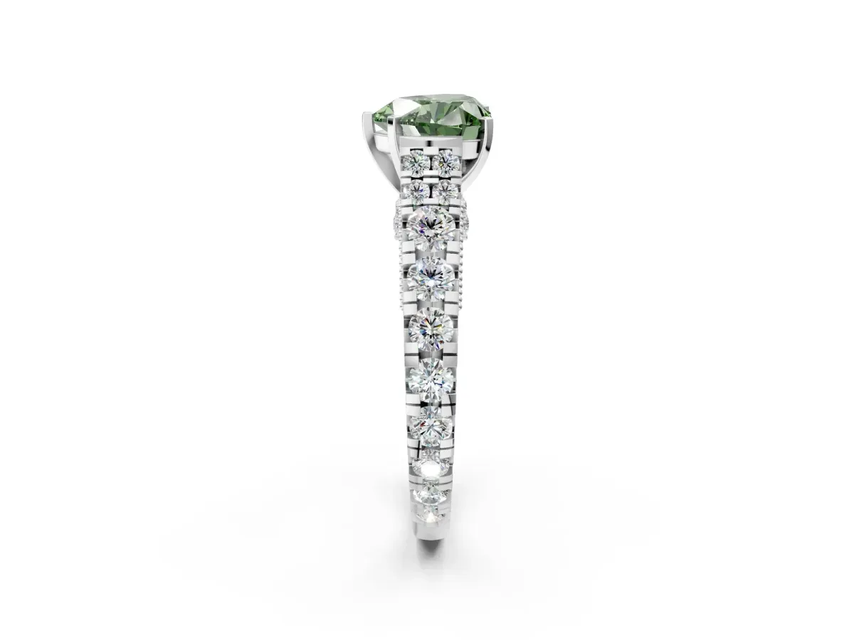 Fancy Green Heart Cut Diamond Classic Solitaire Ring with Pavé Band and Four-Prong Setting Silver