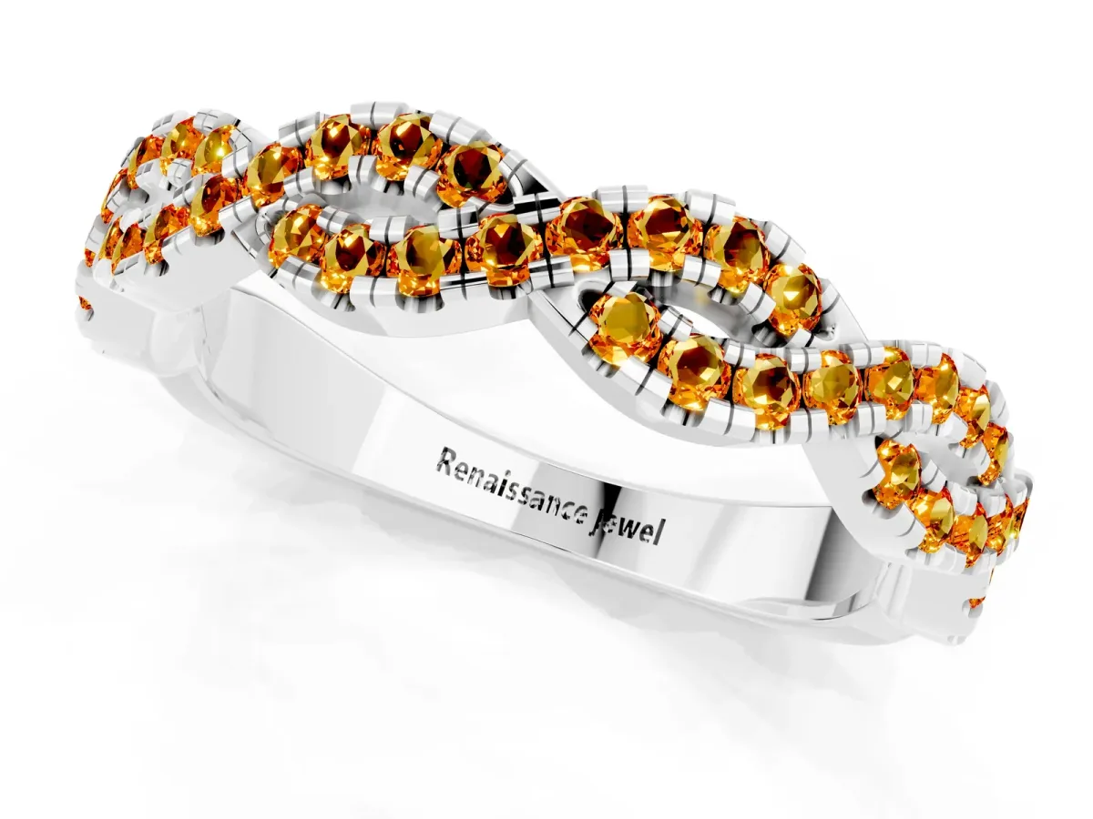 Round Citrine Twisted Eternity Band with Pavé and Shared Prong Setting Platinum