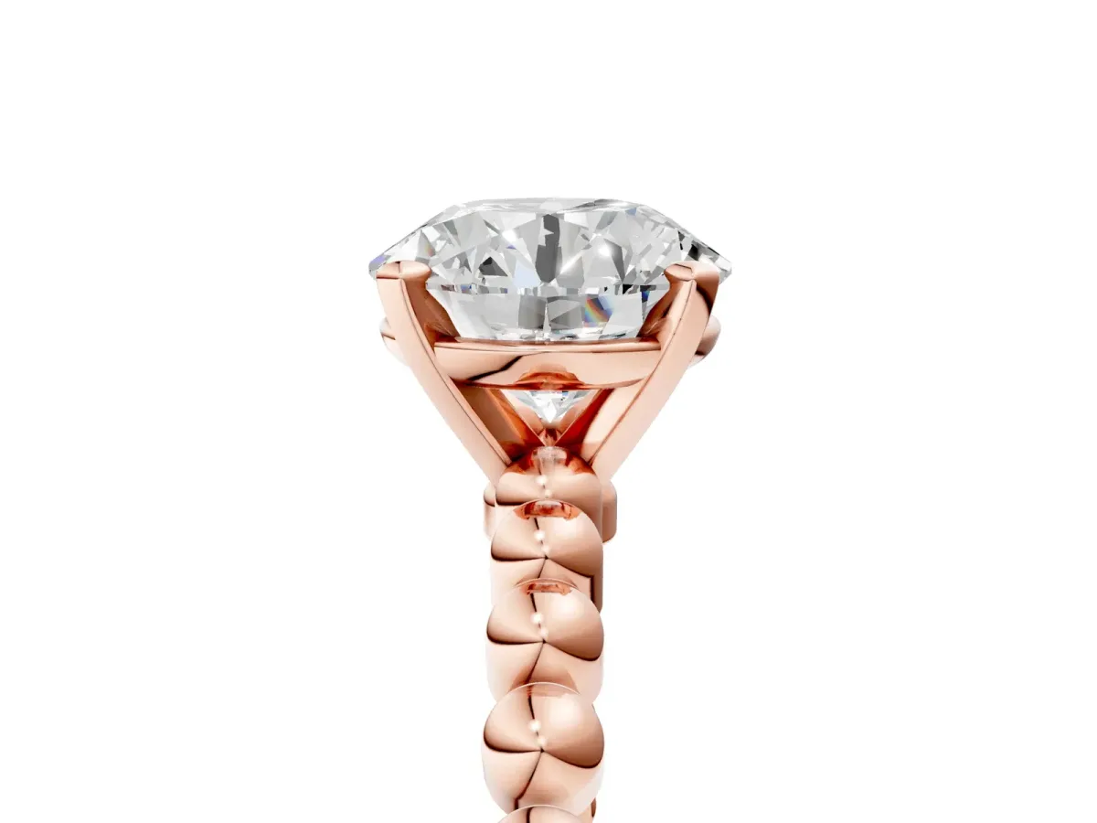Round Cut Diamond Solitaire Ring with Beaded Band and Prong Setting Rose gold