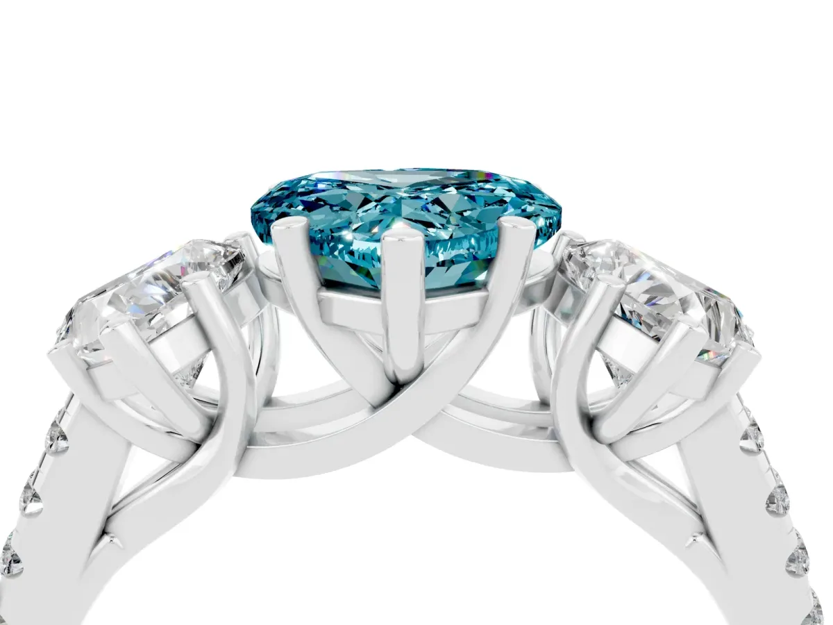 Three-Stone Heart Cut Blue Topaz Ring with Round Pavé Band and Prong Setting Silver