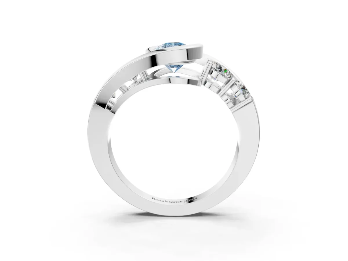 Fancy Blue Bezel Set Pear Cut Diamond Bypass Ring with Round Accents Silver