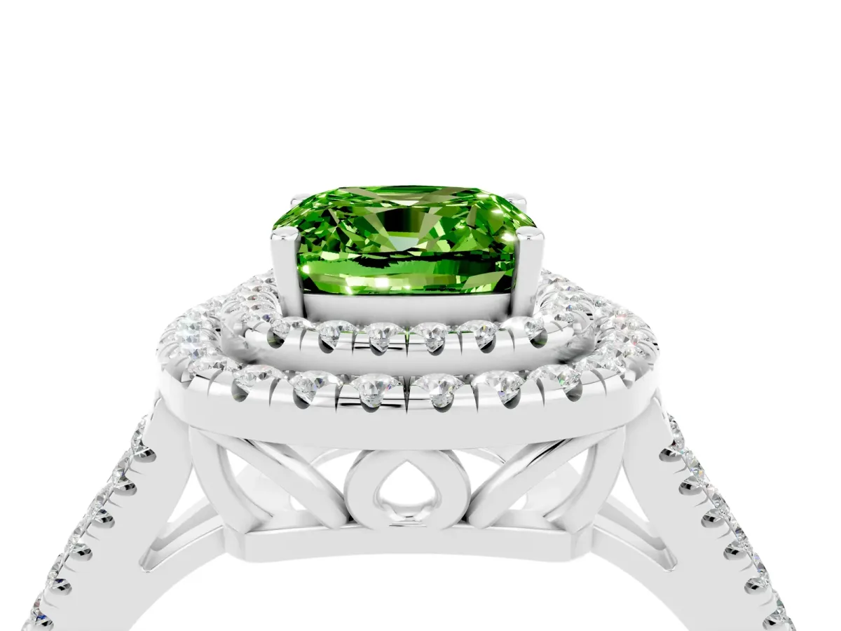 Cushion Cut Peridot Double Halo Ring with Pavé Band and Prong Setting Platinum