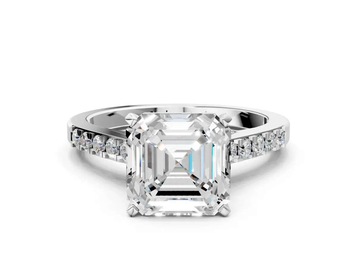 Asscher Cut Diamond Solitaire Ring with Crossover Gallery and Round Pavé Band Silver