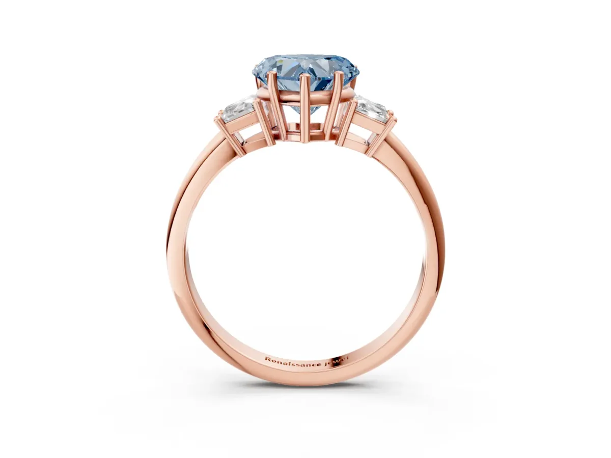 Fancy Blue Heart Cut Diamond Three-Stone Ring with Trapezoid Side Stones and Prong Setting Rose gold