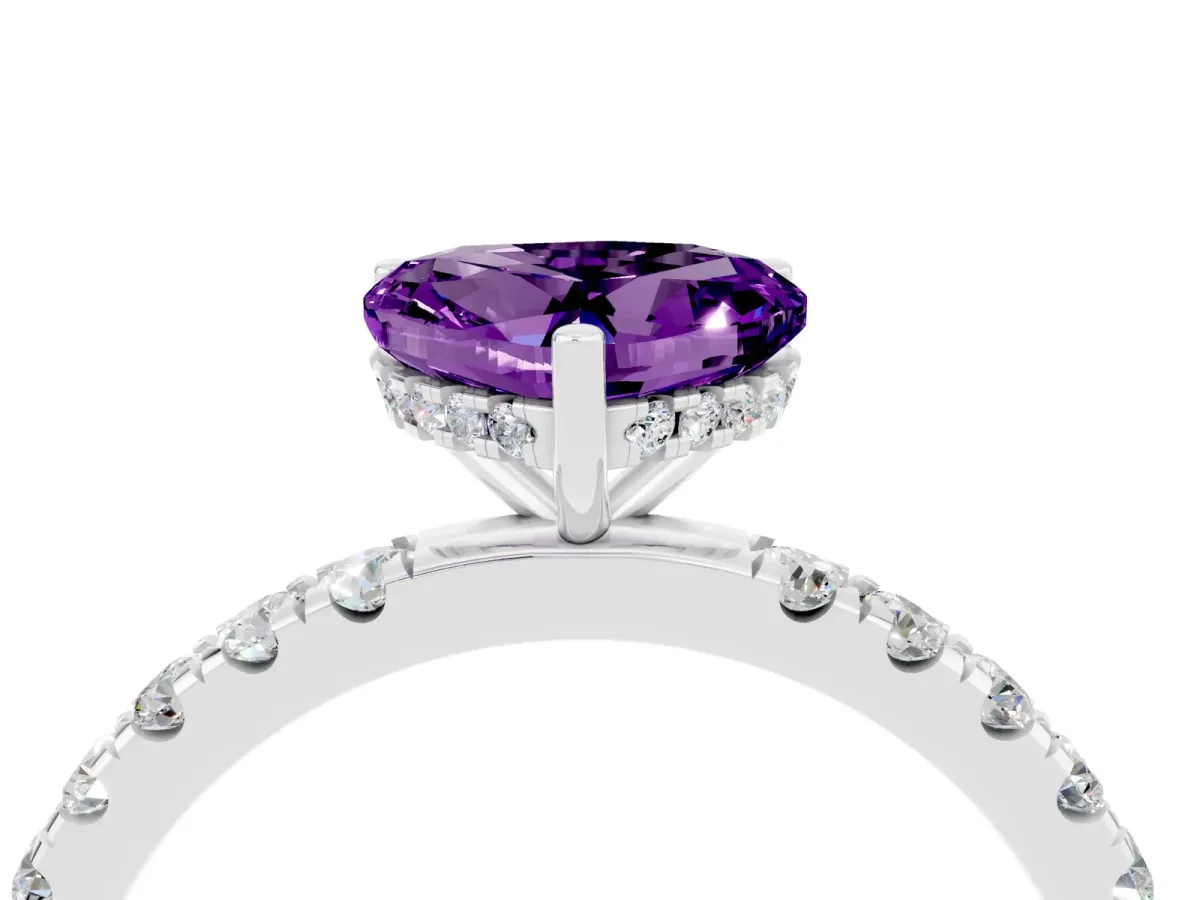 Heart Cut Amethyst Pave Band Solitaire Ring with Round and Prong Setting Platinum